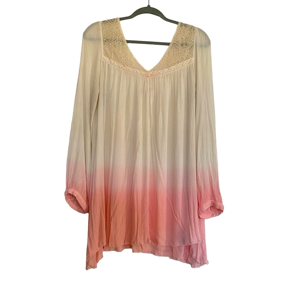 Free People Dress, Large, Cream and Pink with raw edge hem, V-Neck, Lace Yoke